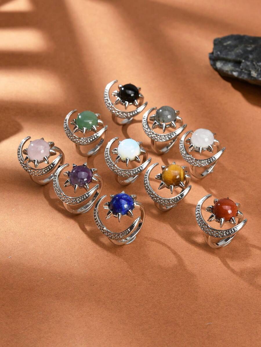 1 pieza Anillo abierto con estrella y luna de cristal y piedra natural, adecuado para uso diario por hombres y mujeres - Multicolor - Ver 1