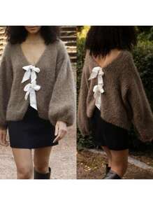 Women Tie Front Sweaters Casual Lightweight Contrast Color Knit Cardigans Warm Fall Knitwear For Streetwear
