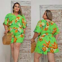 Women's Plus Size Batwing Jumpsuit With Waistband And Pockets - 青檸色 - 查看 2