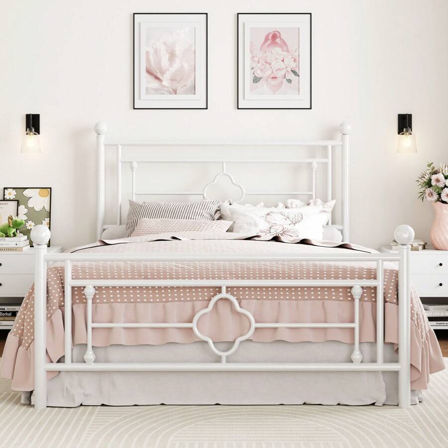 SHA CERLIN 14 Inches 4 Size 4 Color Metal Platform Bed Frame/Vintage Iron-Art Headboard And Footboard/Mattress Foundation/No Box Spring Needed/Noise-Free/Easy Assembly, Room Decor, Bedroom Christmas Decorations Home Decor Christmas Gift, Gold|White|Black|Pink * Bed Frame Queen Queen Bed Frame Bed Frame Full Full Size Bed Frame King Size Bed Frame Twin Bed Frame Room Decor Home Decor Christmas Decor Bedroom Decor Valentine Day Decor Storage Living Room Decor Furniture House Decor - 白色 - 查看 1