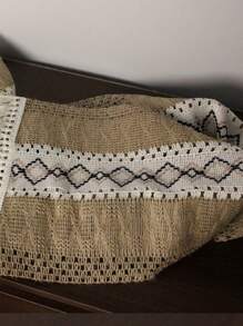 1pc Boho Floral Crochet Lace Tablecloth With Fringe, Vintage Farmhouse Style Tablecloth, Bohemian Patchwork Burlap Table Runner, Handmade Oatmeal Geometric Diamond Pattern, For Wedding, Dinner, Holiday Table Decor, Home Decor - Beige - View 6