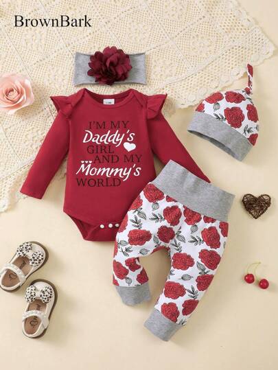 BrownBark Set di abiti 4 pezzi per ragazze: Top stampato con lettere a maniche lunghe, pantaloni, cappello e fascia elastica per la primavera/autunno