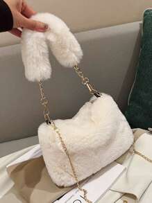 新款女士INS风小方包斜挎包，时尚链条毛绒包，秋冬韩版小方包 - 白色 - 查看 1