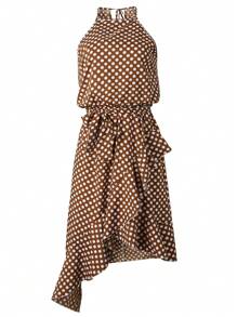 Graduation Womens Polka Dot Tie Waist Irregular Cocktail Midi Dresses Sleeveless Halter Neck Sexy Sundress - 咖啡棕 - 查看 3