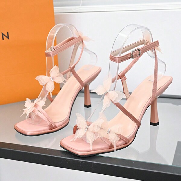 Sandali con tacco alto con decorazione a farfalla, sandali estivi con punta aperta e tacco sottile, per San Valentino