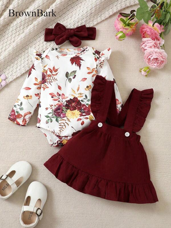 BrownBark Conjunto de 3 piezas para niña bebé: blusa de manga larga con estampado floral elegante y lindo, vestido de peto de unicolor, y diadema. Cómodo para primavera/otoño, uso casual, escuela, exterior, estilo callejero, hogar
