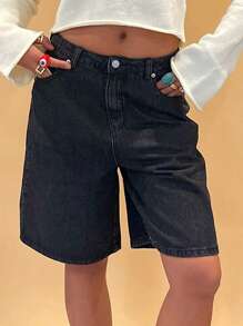 Womens Knee Length Denim Shorts Solid Color High Waist Loose Fit Jean Shorts For Summer - 黑色 - 查看 6
