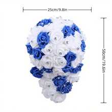 1Pc Bridal Bouquets For Wedding, Simulation Rose Diamonds Pearl Bride Wedding Bouquet, Romantic Wedding Party Decoration Confession - Blue - View 4