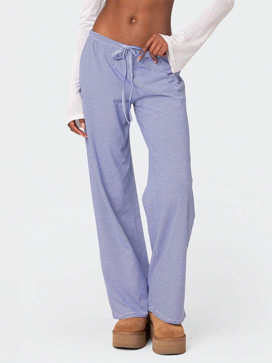 Pantalones de pijama holgados con cintura elástica y cordón de mujer estilo Y2K a rayas, pantalones para dormir de talle bajo, ropa de estar por casa suave y cómoda - Azul - Ver 1