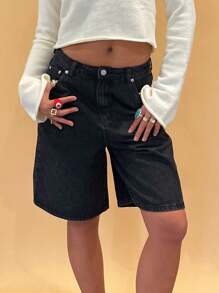 Womens Knee Length Denim Shorts Solid Color High Waist Loose Fit Jean Shorts For Summer - 黑色 - 查看 5