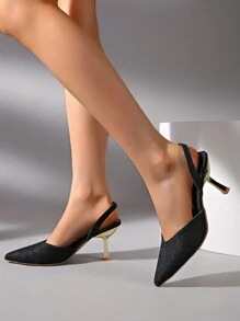 Pointed Toe Closed Toe Heels, Minimalist Black Sandals For Women, 2024 Spring New Fashion Elegant Strap Heeled Shoes, Shallow Vamp Low Heels Sandal Feminine Chic Design - Black - View 6