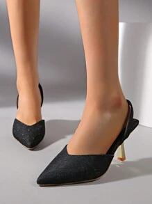 Pointed Toe Closed Toe Heels, Minimalist Black Sandals For Women, 2024 Spring New Fashion Elegant Strap Heeled Shoes, Shallow Vamp Low Heels Sandal Feminine Chic Design - Black - View 5