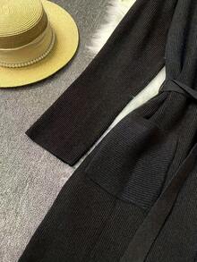 女士优雅简约针织开衫，长款宽松休闲版型，配腰带，时尚针织长款外套，通勤休闲皆宜，新年穿搭，女士街头时尚 - 黑色 - 查看 3