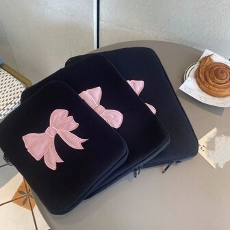 韩国 INS 笔记本电脑内胆包，刺绣粉色蝴蝶结设计，适合 11/13/15 英寸笔记本电脑和平板电脑，可爱便携的笔记本电脑保护套，兼容 10.2、10.9、11、13、14、15.6 英寸设备