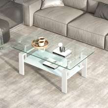 Modern Glass Coffee Table For Living Room, Small Glass Coffee End Tables For Living Room 2 Layer Sofa Table With Metal Legs - White Leg - 查看 2