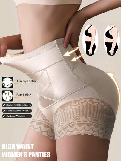 1 pieza Bragas moldeadoras de cintura alta sin costuras para mujer, con encaje, control de abdomen, reductora de cintura, deslizante, que levanta el trasero, ropa interior modeladora