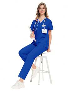 女式护士制服，轻便透气护士上衣，弹力护士裤，医生工作服，水疗中心制服 - 寶藍色 - 查看 4