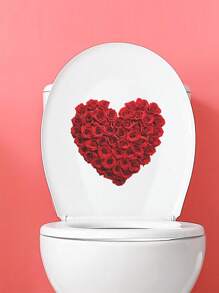 情人节装饰乙烯基贴花，情人节房间装饰墙贴，1 件情人节马桶贴纸，红心玫瑰花防水马桶盖水箱贴花，用于浴室水箱装饰