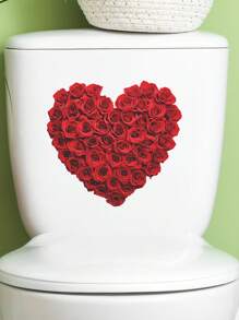 情人节装饰乙烯基贴花，情人节房间装饰墙贴，1 件情人节马桶贴纸，红心玫瑰花防水马桶盖水箱贴花，用于浴室水箱装饰