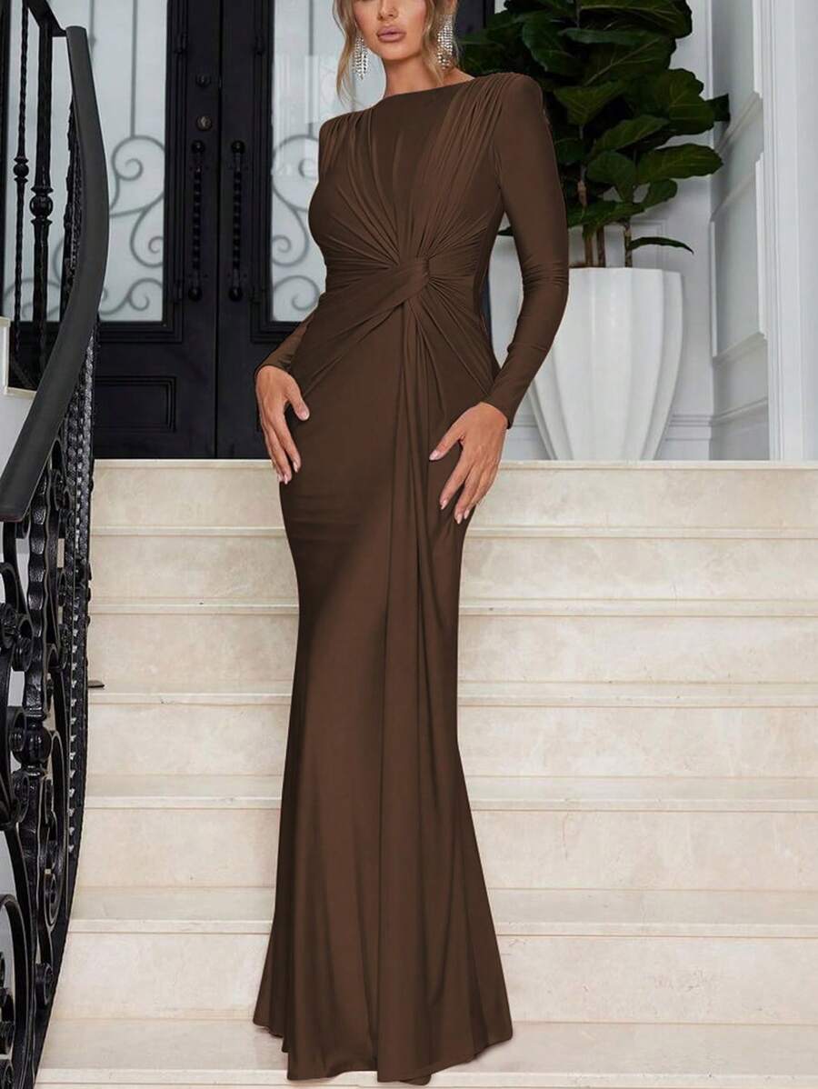 Pink Long Sleeve Pleated Long Dress, Autumn/Winter Spring Elegant - Brown - View 1