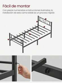 VASAGLE Marco de Cama, Estructura de Cama de Metal, para Colchón de 190 x 90 cm, Cama de Invitados, Montaje Sencillo, para Habitaciones Pequeñas, Negro Tinta