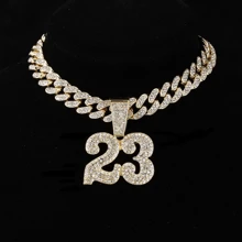 2pcs Iced Out Number 23 Pendant Necklace - 13mm Cuban Link Chain With AAA+ Rhinestones, Hip Hop Bling Jewelry For Men And Women