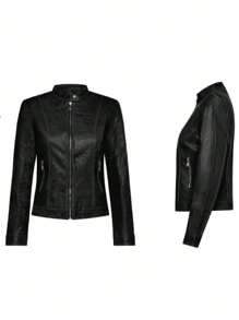 Plus Size Women Street Chic Motorcycle Style Zip-Up Stand Collar Jacket, Autumn
