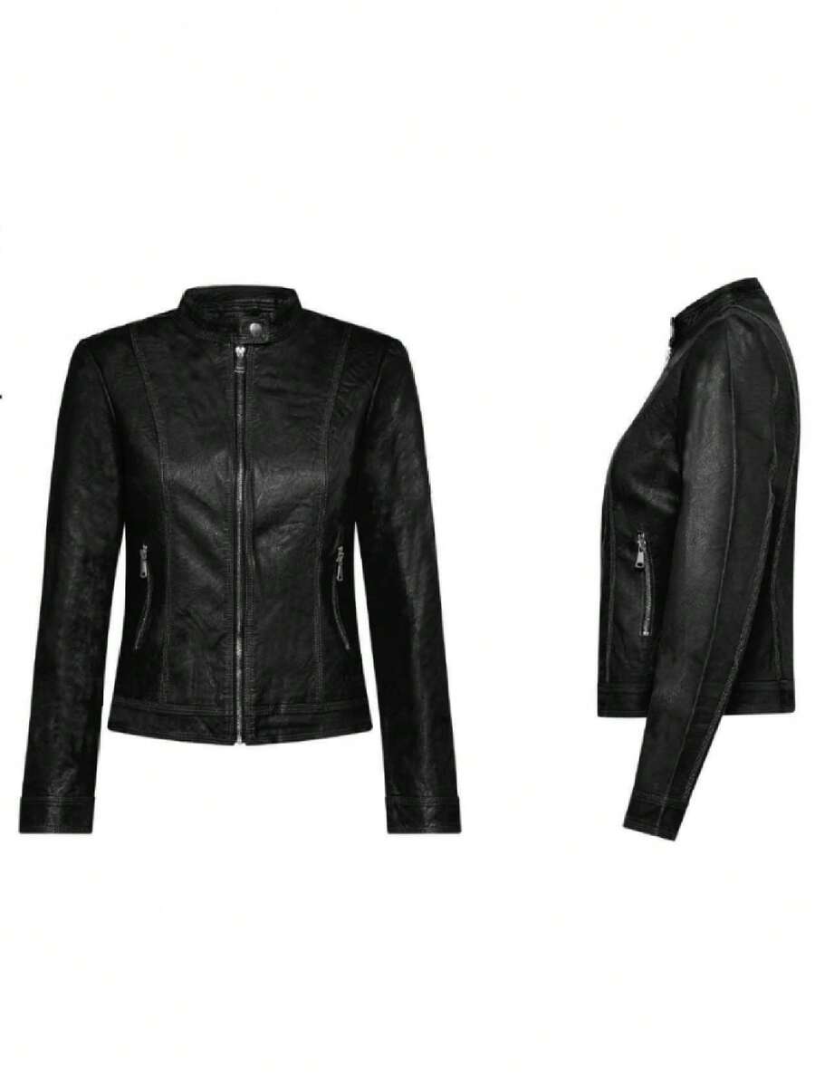 Plus Size Women Street Chic Motorcycle Style Zip-Up Stand Collar Jacket, Autumn