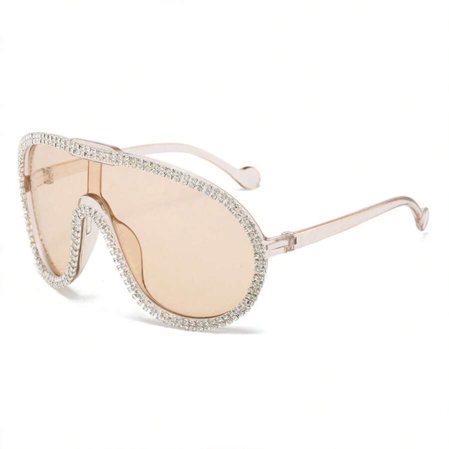 Rhinestone Aviator Sunglasses Oversized Curved UV Lenses, Glamorous Y2K Inspired Frame With Crystal Accents, Women's Luxury Fashion Glasses For Women's Festival-Ready Fits, Night Out, Celebrations, Live Music Looks And Lookbook Sessions - 香檳色 - 查看 1