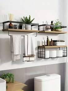 1 Set Of 2pcs/3pcs/4pcs Floating Shelves With Metal Frame, Bathroom Shelves With Metal Wire Storage Basket, Satisfying Your Decor And Organization Needs For Bathroom, Kitchen, Bedroom Wall Home Bathroom Decor Bathroom Organizer Fall Decor Back To School Bathroom - Multicolor - View 4