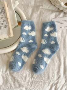 1/3 pares entrega aleatoria, Calcetines de cachemira con diseño lindo de nubes y corazones para mujer, hasta la pantorrilla