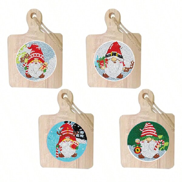 4 pièces/set Dessous de verre avec motif nain, peinture de strass, ensemble de dessous de verre en bois avec poignée, peinture de diamant DIY, convient pour les bureaux adultes, tapis de tasse à café, décoration de la maison, cadeau de Noël