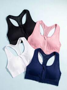 4pcs Seamless Caged Racerback Sports Bras, Front Zipper Elastic Short Style Women's Brassiere
