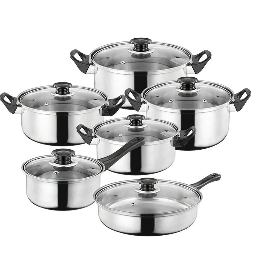 12 Piece Stainless Steel Cookware Saucepan Set Pan Pot Kitchen Cooking Glass Lid - Silver - View 1