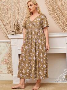 Camisola de Dormir Plus Size Feminina com Decote em V, Manga Curta, Floral Miúdo, Renda Europeia e Americana, Verão