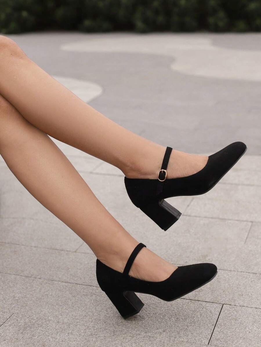 Women's Comfortable Black Mary Jane High Heel Shoes, Suede, Ankle Strap, Chunky Heel, Versatile For Wedding, Party, Commuting