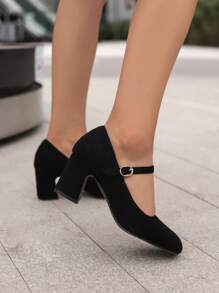 Women's Comfortable Black Mary Jane High Heel Shoes, Suede, Ankle Strap, Chunky Heel, Versatile For Wedding, Party, Commuting