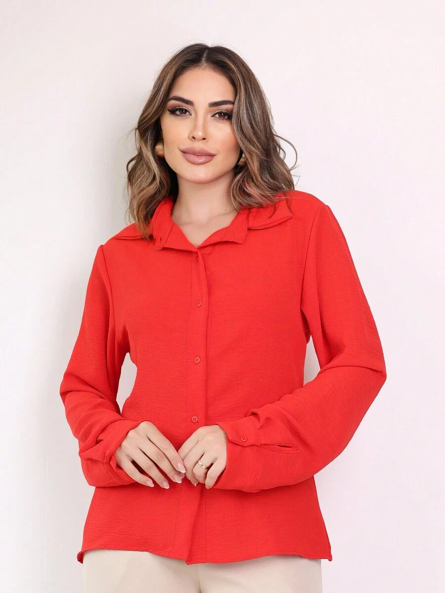 Women's Long Sleeve Shirt Blouse - 紅色 - 查看 1