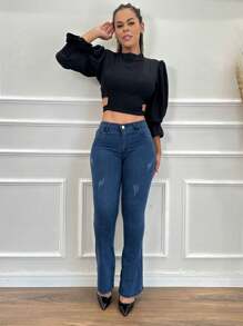 Women's Flare Bell Bottom Jeans With BumBum Lift - Màu xanh lam - Xem 4