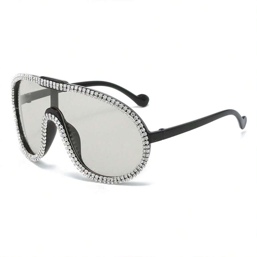 Rhinestone Aviator Sunglasses Oversized Curved UV Lenses, Glamorous Y2K Inspired Frame With Crystal Accents, Women's Luxury Fashion Glasses For Women's Festival-Ready Fits, Night Out, Celebrations, Live Music Looks And Lookbook Sessions - Trong sáng - Xem 1