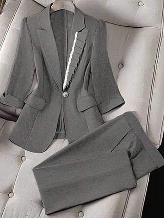 Ladies Ruffled Button Design Suit Pants Set