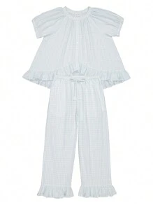 Women's 2 Piece Pajama Set Short Sleeve Button Up Plaid Tops Drawstring Pants Sleepwear Sets - Baby Blue - View 1