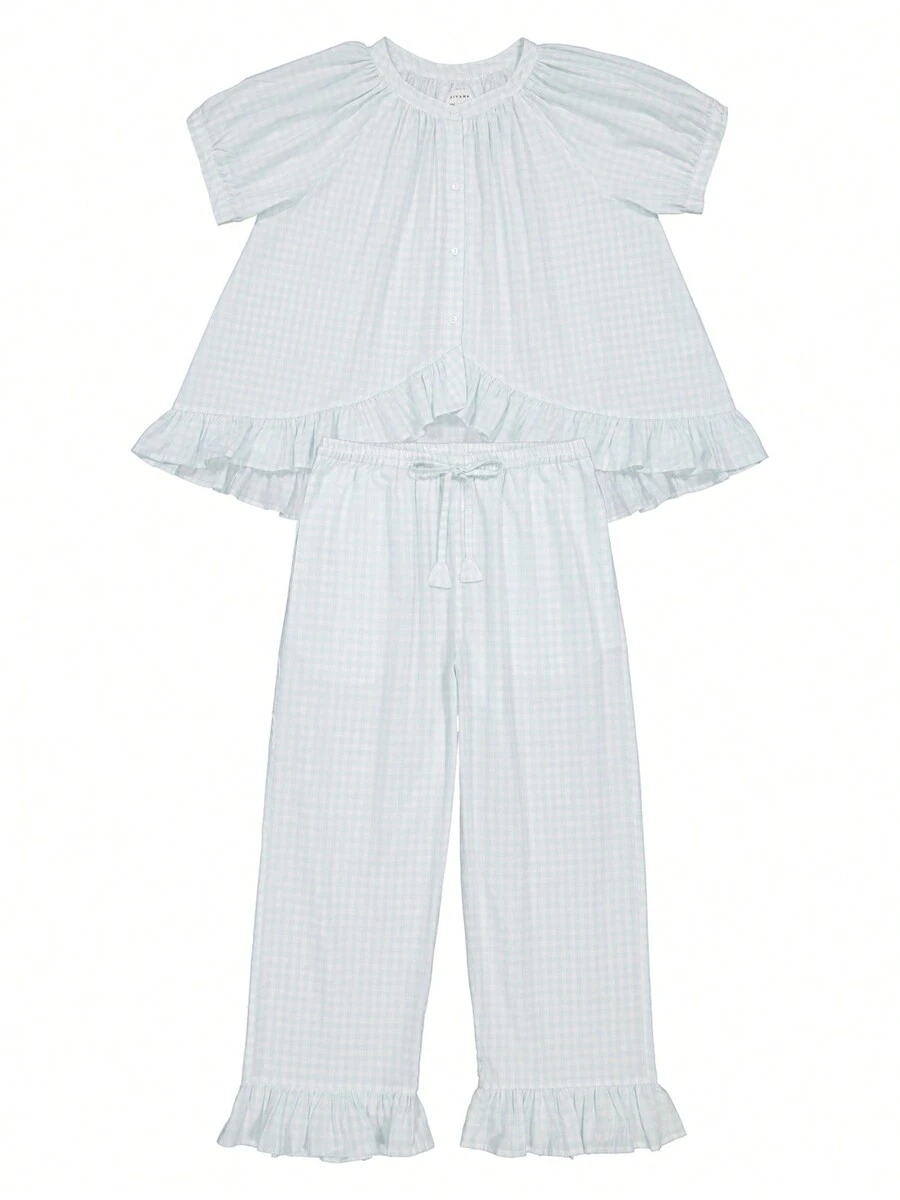 Women's 2 Piece Pajama Set Short Sleeve Button Up Plaid Tops Drawstring Pants Sleepwear Sets - Baby Blue - View 1