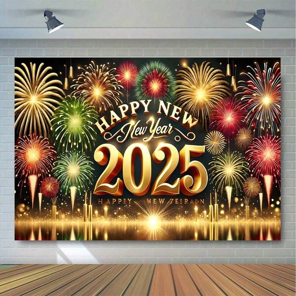 Banner de festa de feliz ano novo 2025, design de fogos de artifício, feito de poliéster, sem necessidade de energia - perfeito para eventos de celebração e fotografia