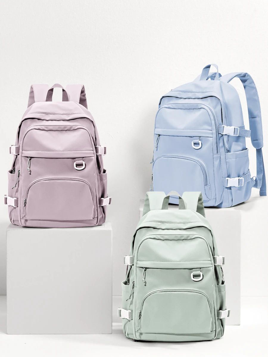 Floless 14/15.6英寸女士笔记本电脑背包，休闲大学生背包，日常背包，旅行包，纯色时尚防盗简约休闲风格，防水多功能女士户外背包，便携大容量24升休闲日用背包，带拉链口袋，大容量多隔层 - 藕粉色 - 查看 1