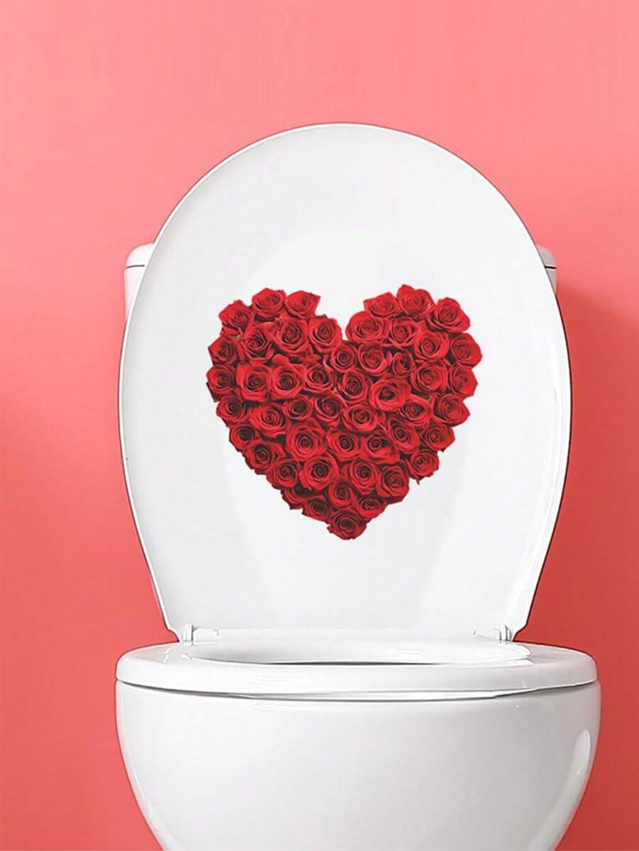 情人节装饰乙烯基贴花，情人节房间装饰墙贴，1 件情人节马桶贴纸，红心玫瑰花防水马桶盖水箱贴花，用于浴室水箱装饰