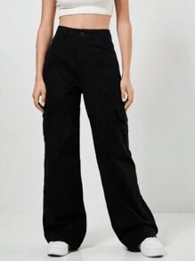 Women's Wide Leg Cargo Jeans High Waist Thick Fabric Pantaloons Line - 黑色 - 查看 4