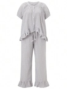 Women's 2 Piece Pajama Set Short Sleeve Button Up Plaid Tops Drawstring Pants Sleepwear Sets - Baby Blue - View 5