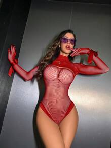 1 套 2 件红色女士性感内衣，带立领上衣和紧身衣，配套网眼、蕾丝拼接，可调节肩带，适合狂欢 - 紅色 - 查看 7