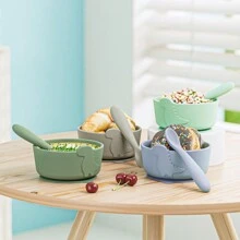 3 Pieces Set Children's Silicone Dinosaur Feeding Bowls, Spoon And Plate Tableware, With Suction Cups, Suitable For Baby Use, Microwave & Dishwasher , Heat-Resistant, Easy To Clean